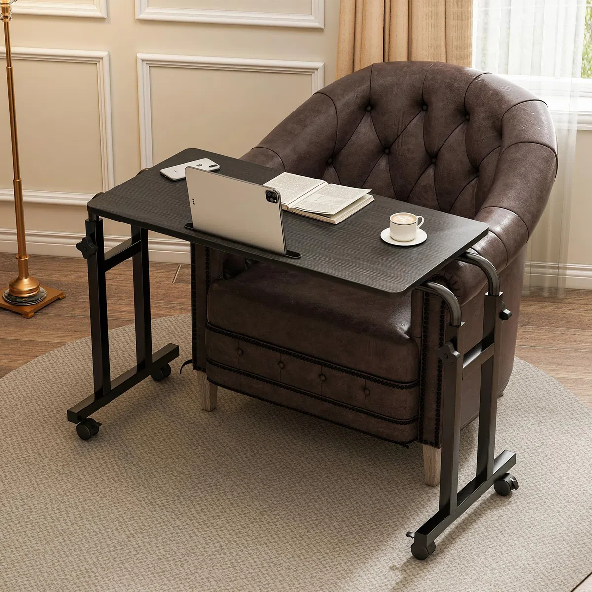 LINGMI Table inclinable, table de lit avec roulettes, hauteur et longueur réglables, plateau de support pour ordinateur portable