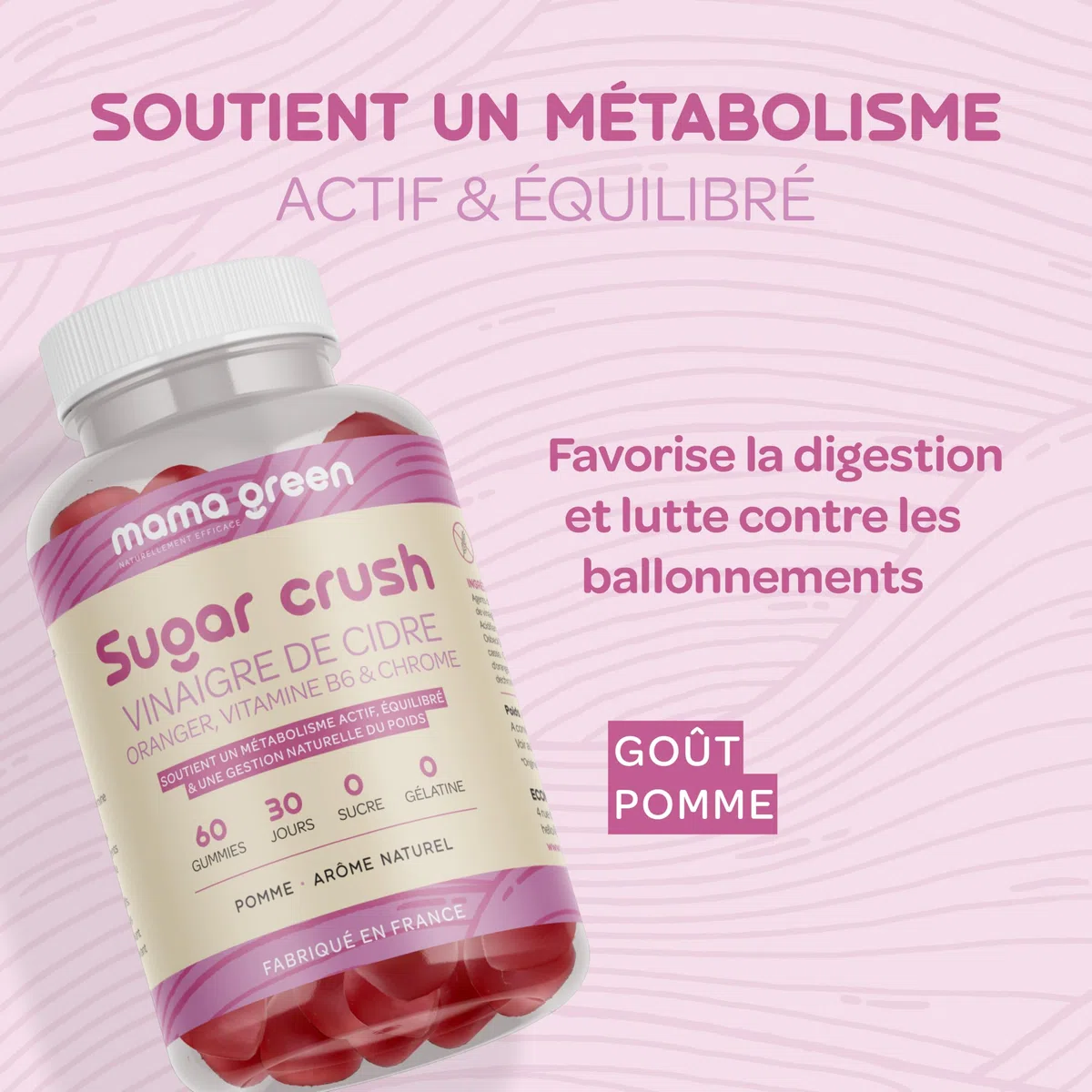 Mama Green - Gummies Sugar Crush - Vinaigre de cidre – Gestion du métabolisme - 60 gummies - Sans sucre – Sans colorants et arômes artificiels - Fabriqué en France
