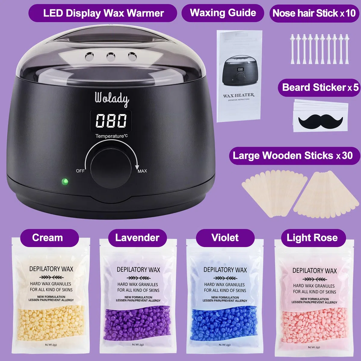 Chauffe Cire Épilation à la Cire Chaude Professionnelle 500ml, Wolady Smart Appareil à Cire Avec 4 Sachets Cire et 10pcs Bâtons Épilation Visage Bras Jambes Aisselles (Noir)