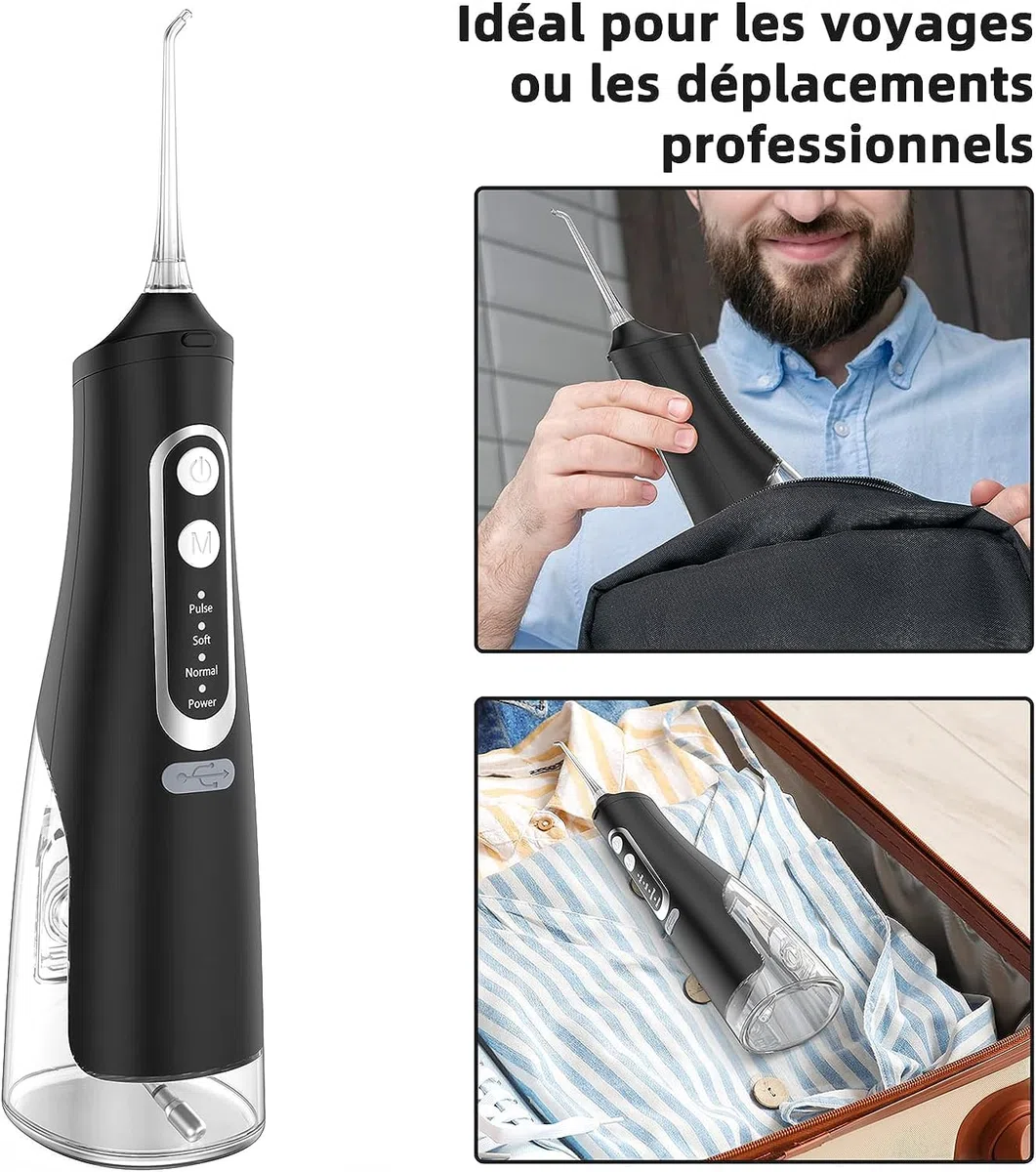 Jet Dentaire Hydropulseur Portable, Jet Dentaire Sans Fil Rechargeable avec 4 Modes Capacité de 310 ml IPX7 Étanche H6