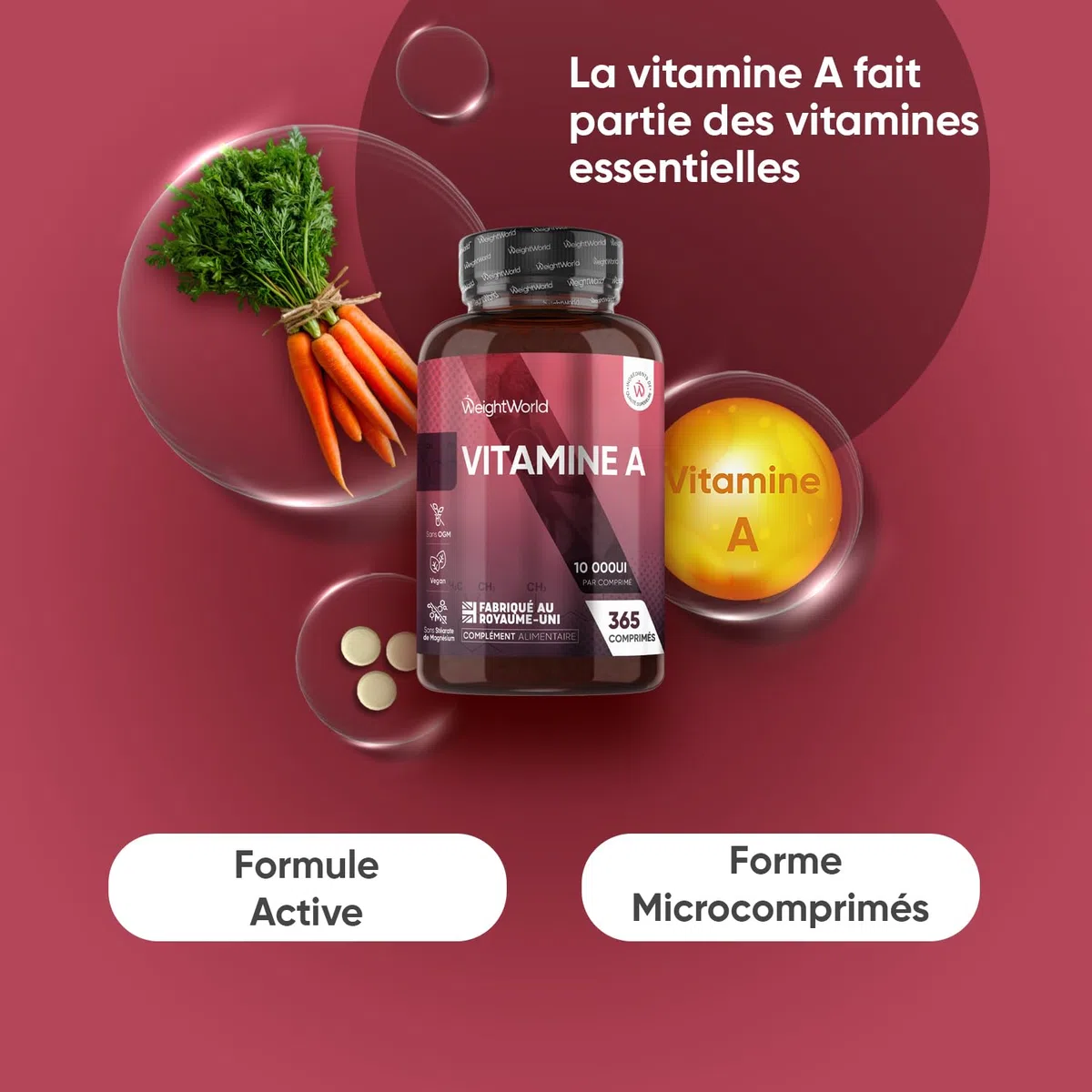 Vitamine A 10 000 UI - 365 Micro Comprimés Vegan - sous Forme d'Acétate de Rétinyle Vitamine A, + 1 An de Stock - 1 Comprimé tous les 3 Jours - Source de Retinol, Beta Carotene, sans OGM