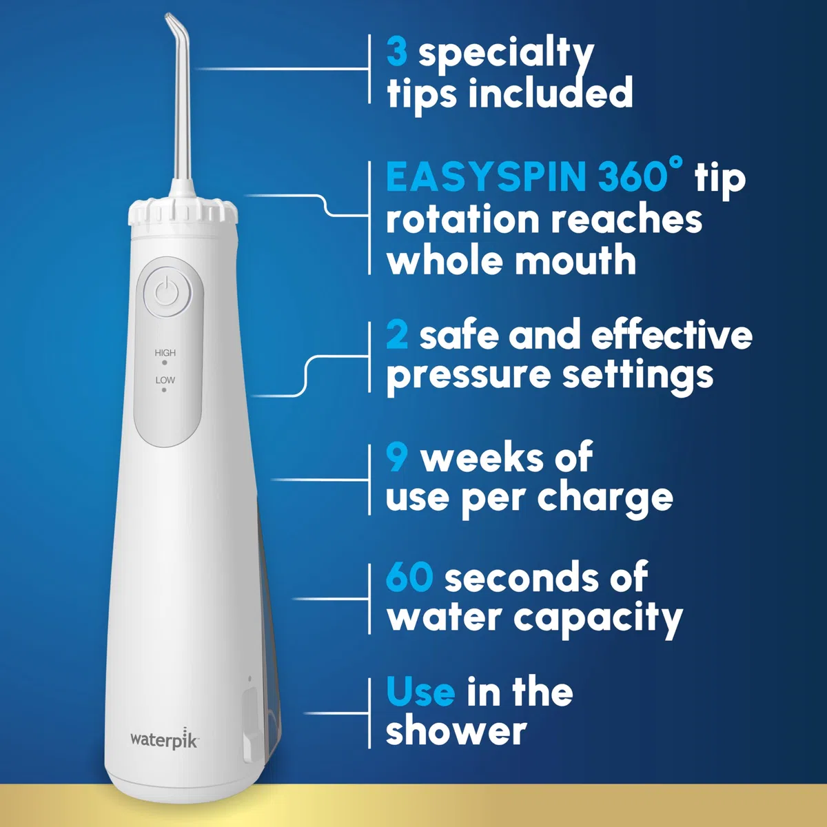 Waterpik Hydropulseur sans fil Gem 5100 pour voyage et maison, rechargeable, portable, étanche pour la douche, le soin quotidien des gencives, le nettoyage des dents, les appareils dentaires, les