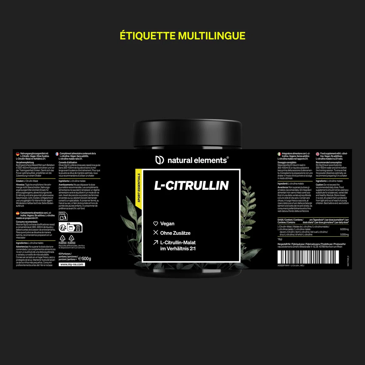 Malate de L-Citrulline en Poudre 2:1 – 500 g de poudre – idéal pour le sport – végane, haute pureté, hautement dosé, sans additifs – produit en Allemagne et contrôlé en laboratoire