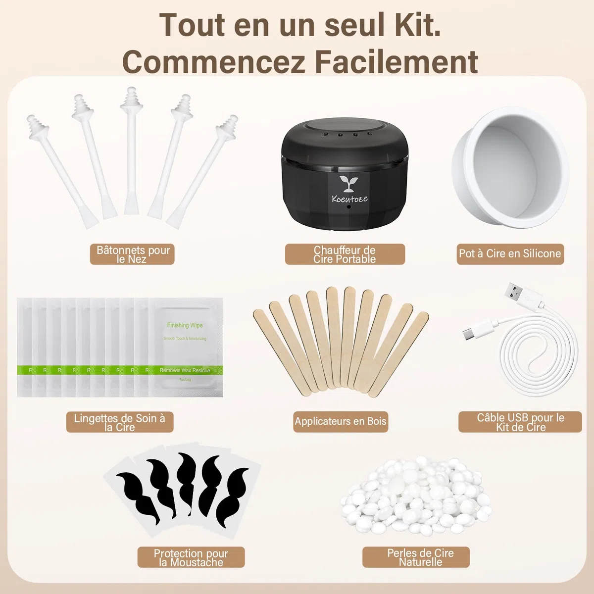 Cire Epilation Nez Kit pour Hommes et Femmes, Chauffe Cire epilation Visage avec 100g Perles de Cire, 5 Bâtonnets Nasaux et Oreilles, 10 Pochoirs Moustache, Chauffe USB & Température Stable