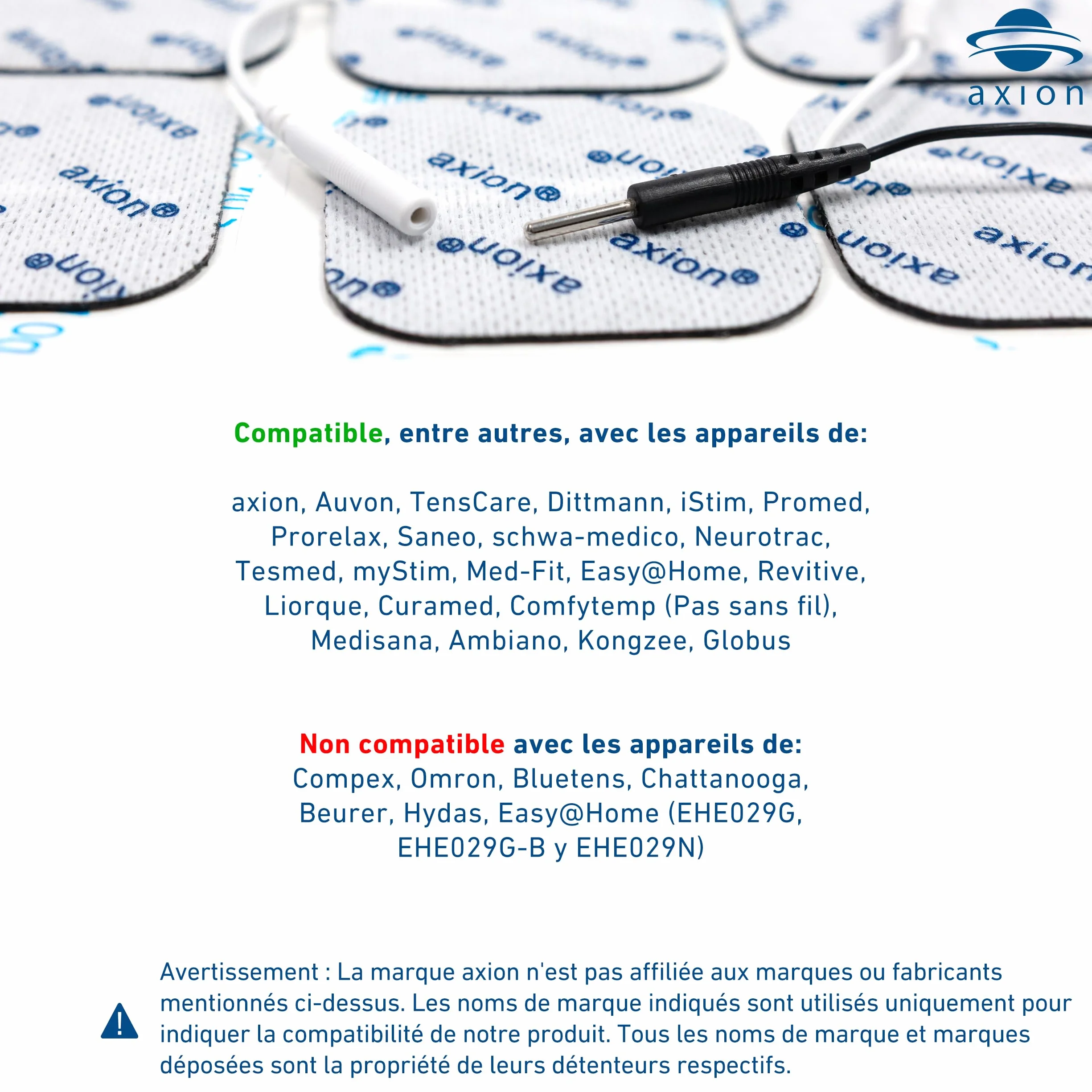 52 électrodes axion | Patchs 4x4 cm pour électrostimulateur TENS et/ou EMS réutilisables et autocollants avec connexion filaire de 2 mm