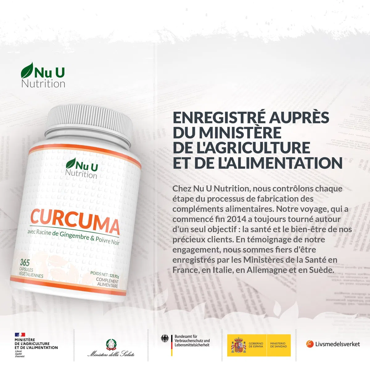 Curcuma Gingembre et Poivre Noir - 365 Gélules Vegan (1 An) - 95% de Curcumine - 720mg de Curcuma par Gélule de Haute Absorption - Fabriqué en Europe - Nu U Nutrition