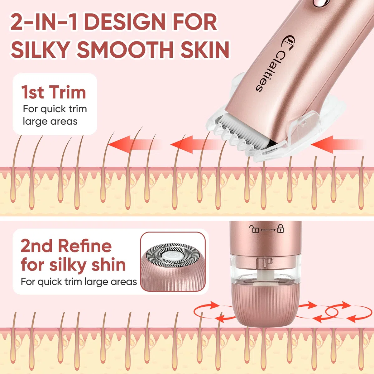 Rasoir électrique 2 en 1 pour femme à double tête IPX7 étanche pour utilisation humide et sèche - Tondeuse pour poils du corps et du visage - Pour bikini, aisselles, jambes, bras, corps et visage