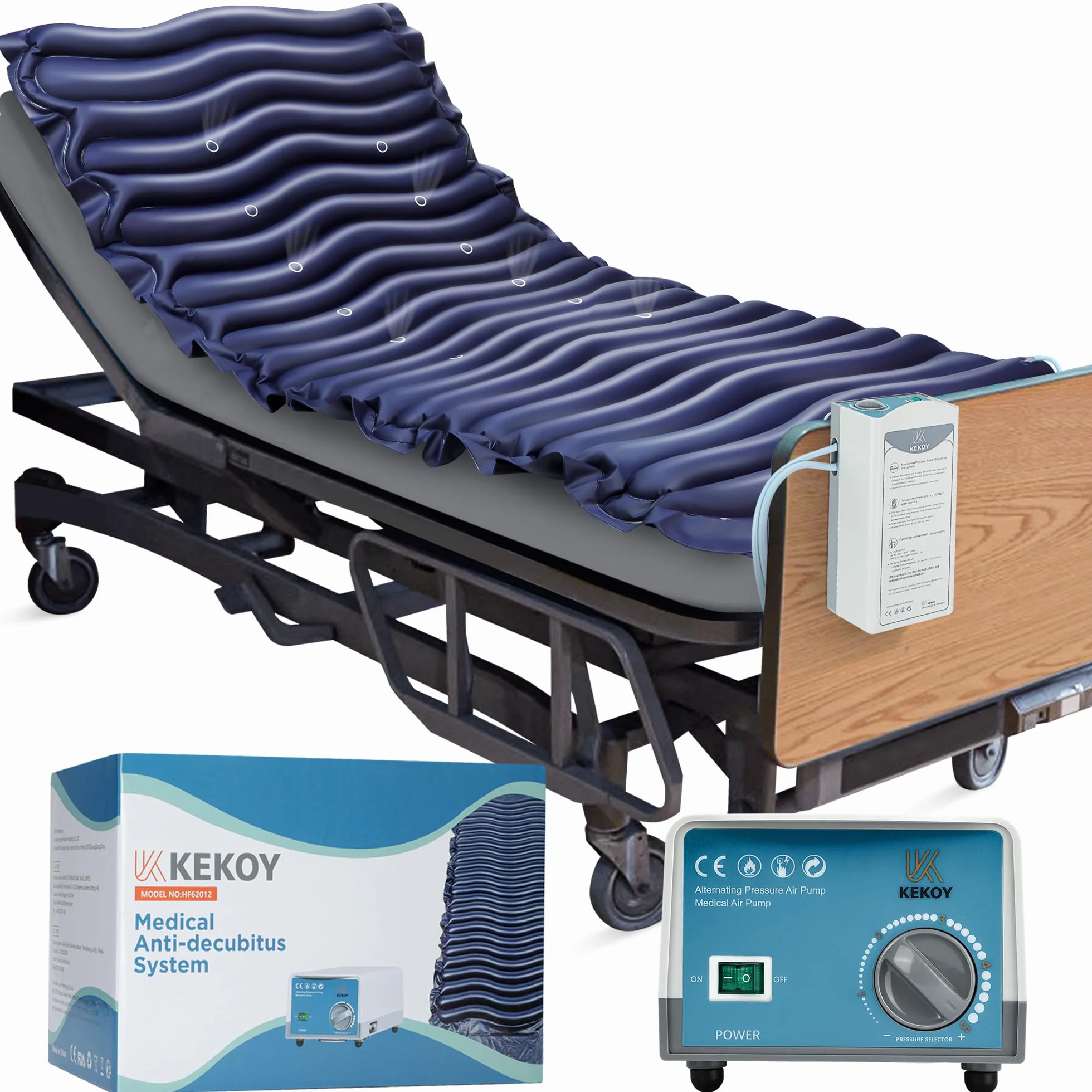 Kekoy Matelas Anti-Escarre à Pression Alternée, Prévention des Escarres de Lit avec Micro-évents, Pompe Silencieuse, Imperméable, pour Hôpitaux, Maisons et Lits Médicalisés - 190 x 90 cm (Bleu)