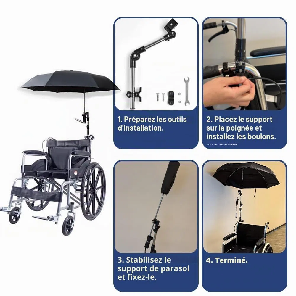 Parapluie pour fauteuil roulant avec support – Pare-soleil électrique pour fauteuil roulant – Support réglable pour parasol excentrique coupe-vent