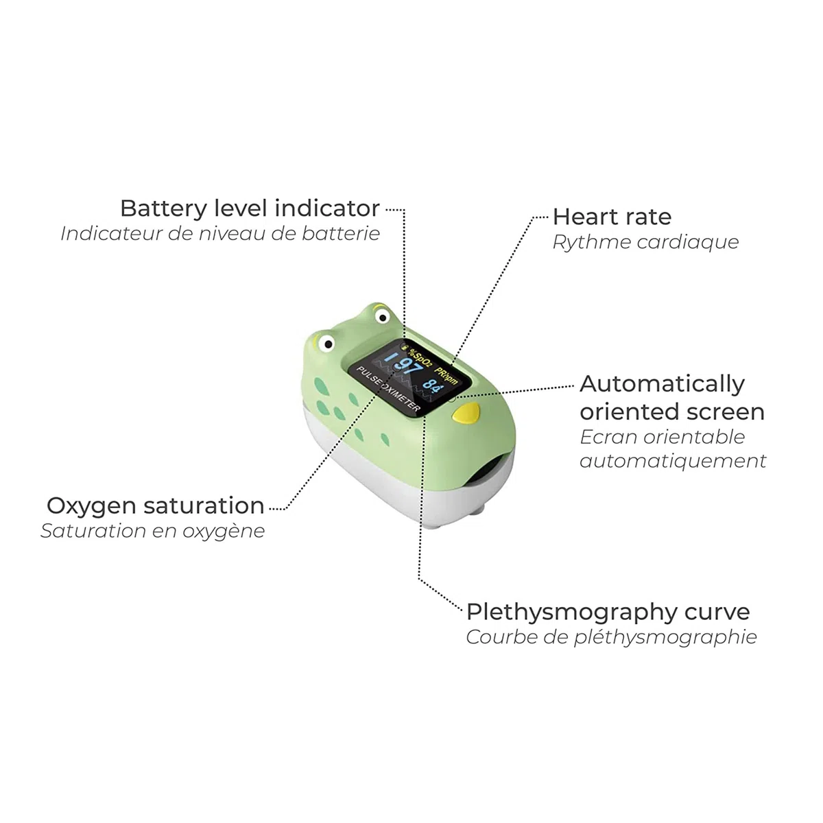 SPENGLER Oxyfrog, Oxymètre de Pouls Digital Portable Pédiatrique, Dispositif Médical pour Mesure du Taux d’Oxygène, Facile à Utiliser, Fiable et Précis, Compact et Léger, Sécuritaire
