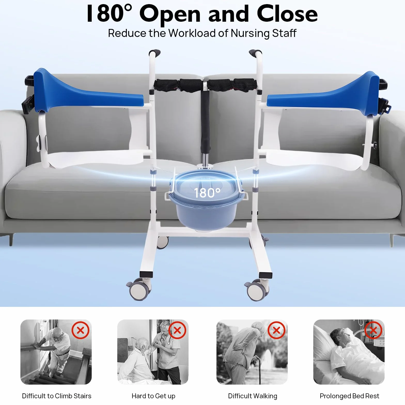 Fauteuil roulant hydraulique pour patients, chaise de transfert divisée à 180°, avec pot, capacité de charge 90 kg, hauteur réglable 42-61 cm, pour personnes handicapées, paralysées,