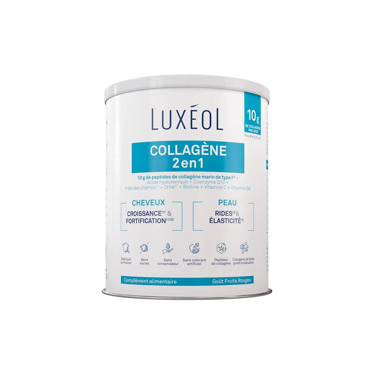 Luxéol - Collagène 2 en 1 - Complément Alimentaire - Croissance(1) & Fortification(1)(2) - Rides(3) & Elasticité(3) - 10 g Collagène Marin Type l + Acide Hyaluronique + coQ10-275 g (Programme 25 j)