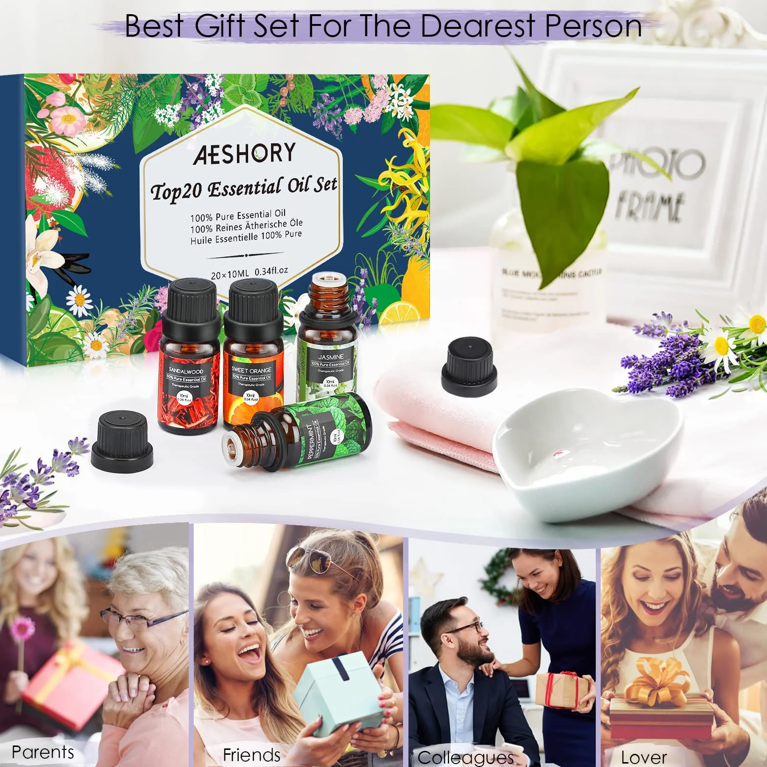 AESHORY Kit Huiles Essentielles 20 X 10ML, Huiles Essentielles Naturelle Aromathérapie pour Diffuseurs, pour SPA, Massage, Idéal Cadeaux Faits Main pour Fêtes - Citron, Rose, Bois de Santal, Jasmin