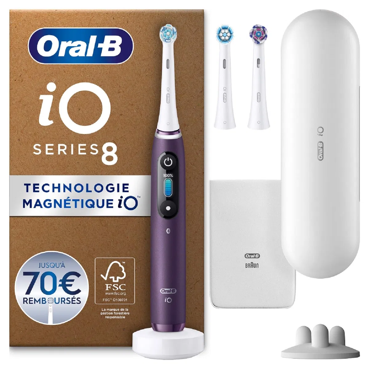 Oral-B iO 8 Brosse À Dents Électrique Blanche, Un Capteur Signalant Le Pression Pour Protéger Les Gencives, Des Accessoires, 2 Brossettes De Rechange, 1 Chargeur, 1 Étui De Voyage, Emballage En Carton