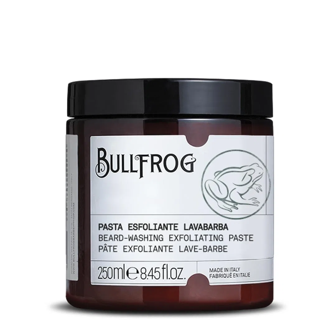 Bullfrog New Pâte Exfoliante Lavage de Barbe 250ml - Nettoyant Exfoliant aux Granules de Sucre, Anti-Odeurs, Parfum Lavande et Vétiver, Action Délicate et Naturelle, Fabriqué en Italie