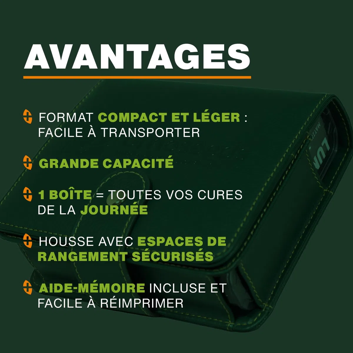Pilulier Semainier Français | 4 prises par jour : matin, midi, soir, nuit | 28 Compartiments | Sans BPA | Housse similicuir | Qualité Supérieure