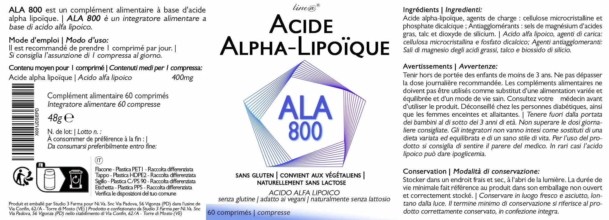 ALA 800 Line@diet | 60 comprimés | Acide alpha lipoïque | comprimés à haute concentration