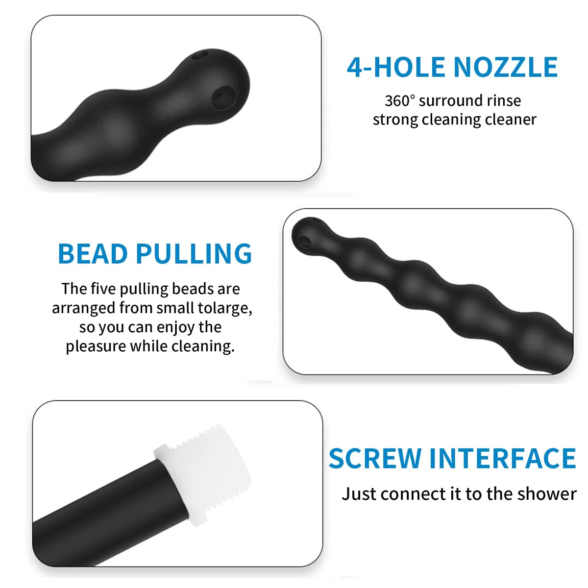 Set de Douche 4 Trous Pulvérisateur Lavement Tuyau Confort Silicone Buse Lavement Accessoire Femme Homme 58cm + 150cm Tuyau (Noir)