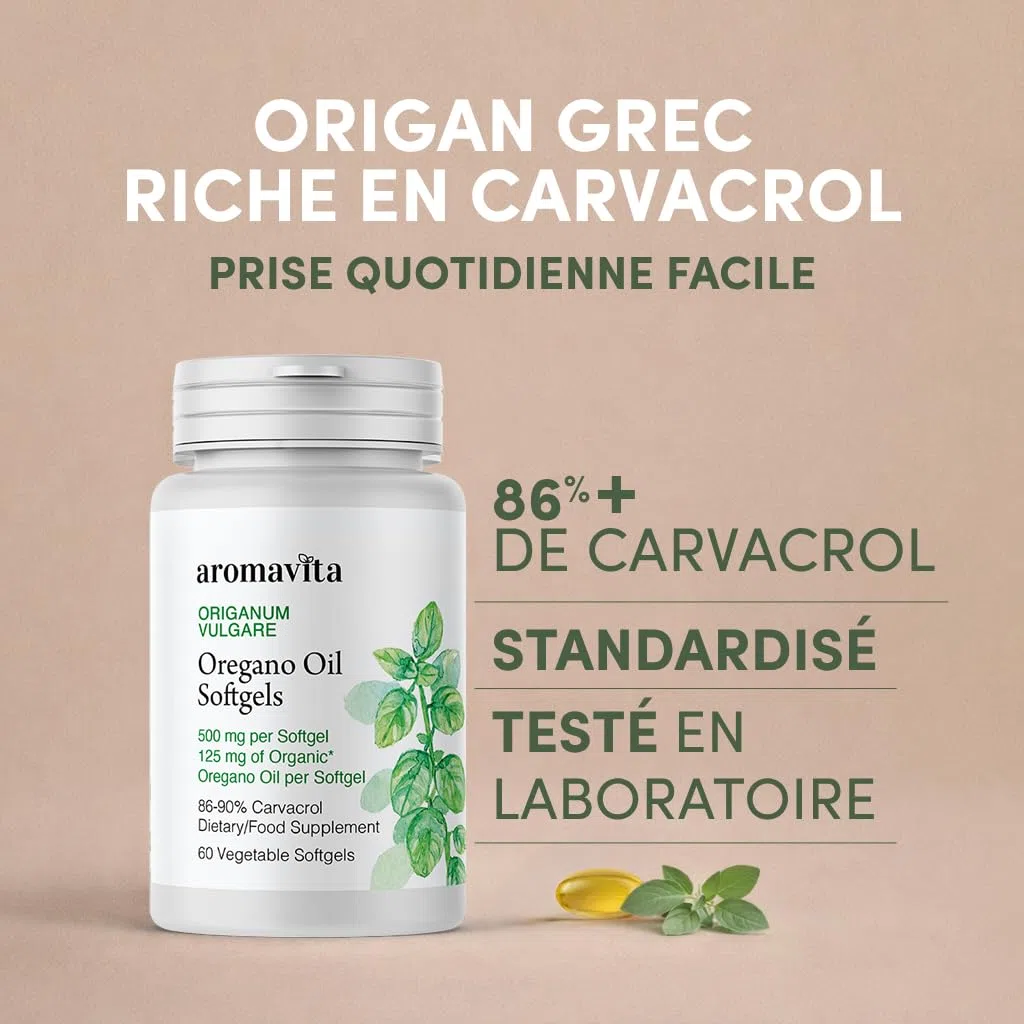 Huile d'Origan Grec 86-90% de Carvacrol – Complément Alimentaire – 60 Gélules