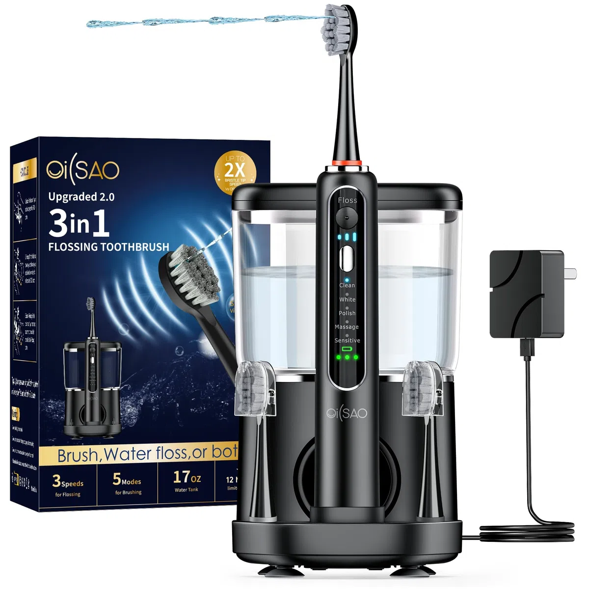 Brosse à dents électrique avec hydropulseur combiné, brosse à dents sonique 3 en 1 et hydropulseur dentaire pour le nettoyage des dents, soins des gencives, appareils dentaires, ponts, adultes, 5