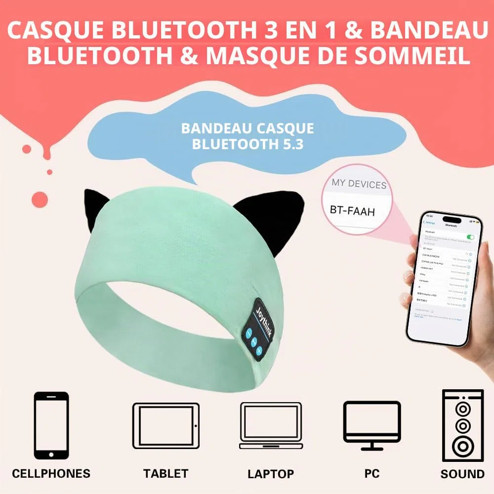 Joythink Casque Bluetooth Enfant pour Dormir, Bandeau Écouteurs Doux avec Masque de Sommeil, Haut-Parleurs Fins Intégrés, Sans Fil, Idéal Voyage Avion, Sieste, Musique,Aqua