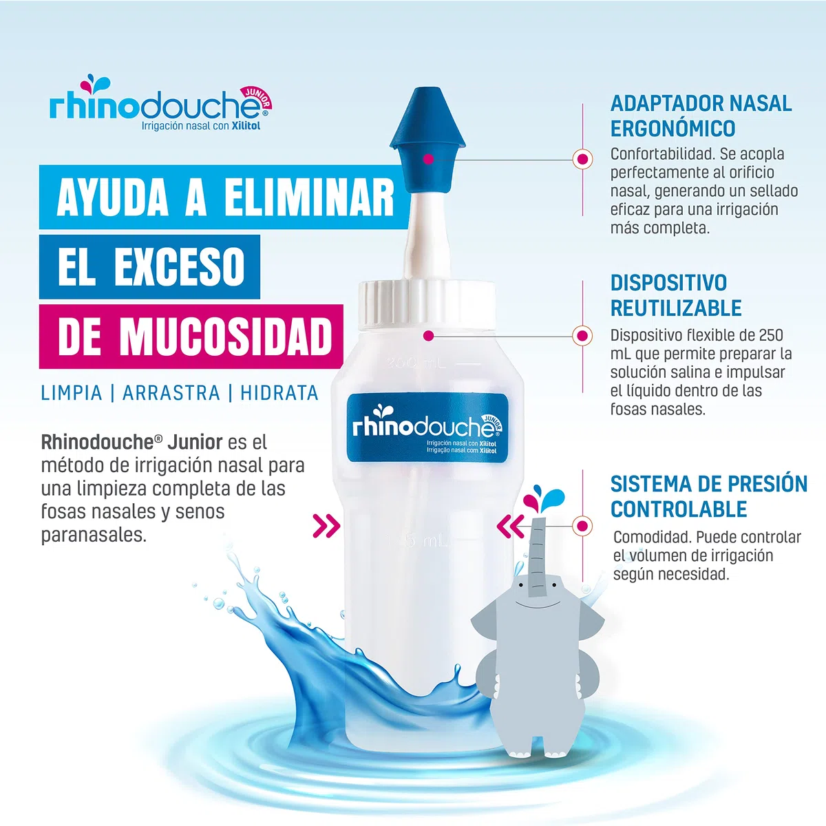 RHINODOUCHE Urgo Junior Nasal Wash Starter Pack contient 250 ml de fil dentaire nasal + 26 sachets de 2,5 g contenant un mélange de sel de xylitol.