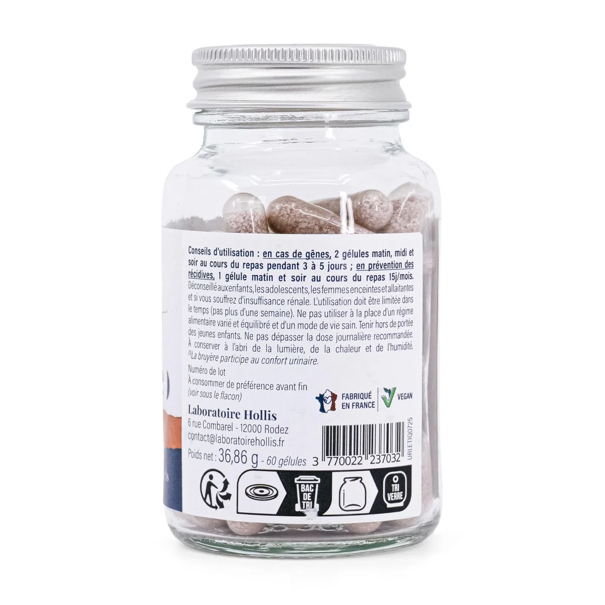 Hollis Complément alimentaire Urinaire 60 gélules | D-Mannose 2g, Bruyère et Busserole, Lactobacillus reuteri et acidophilus, Cranberry avec PAC