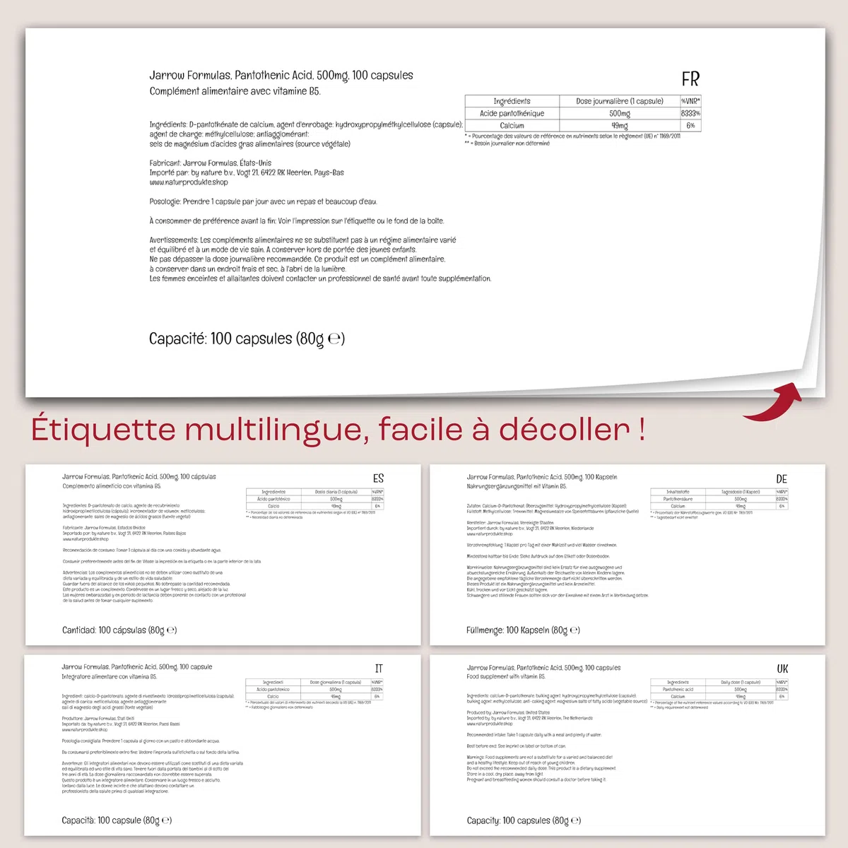 Jarrow Formulas, Pantothenic Acid (Acide Pantothénique), 500mg, Vitamine B5, 100 Capsules végétaliennes, Sans Gluten, Sans Soja, Végétarien, Sans OGM