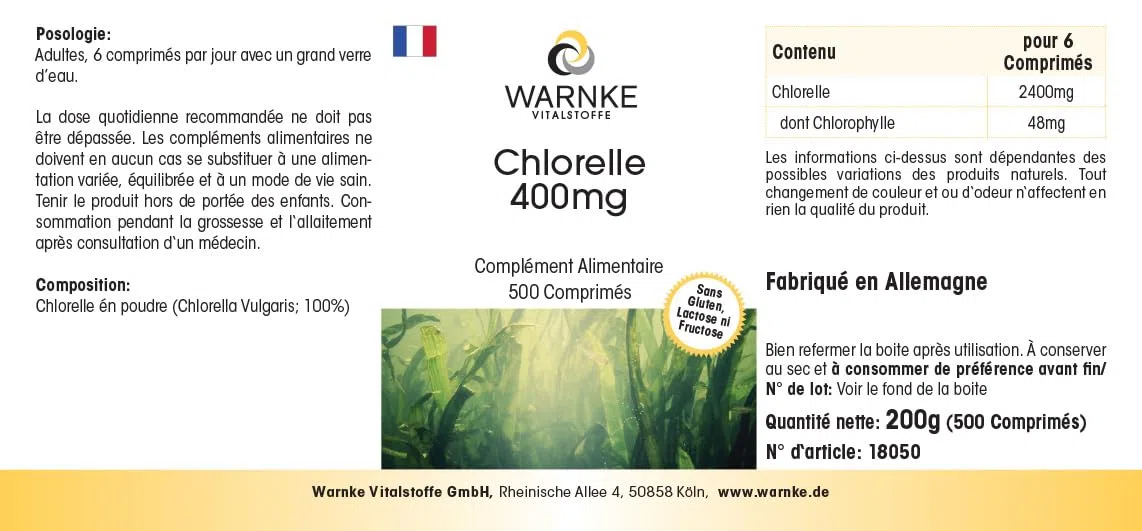 Chlorella 400 mg - 500 comprimés - faciles à avaler - poudre d'algue Chlorella vulgaris - avec chlorophylle - végétalien - grand format | Warnke Vitalstoffe - Qualité pharmaceutique allemande