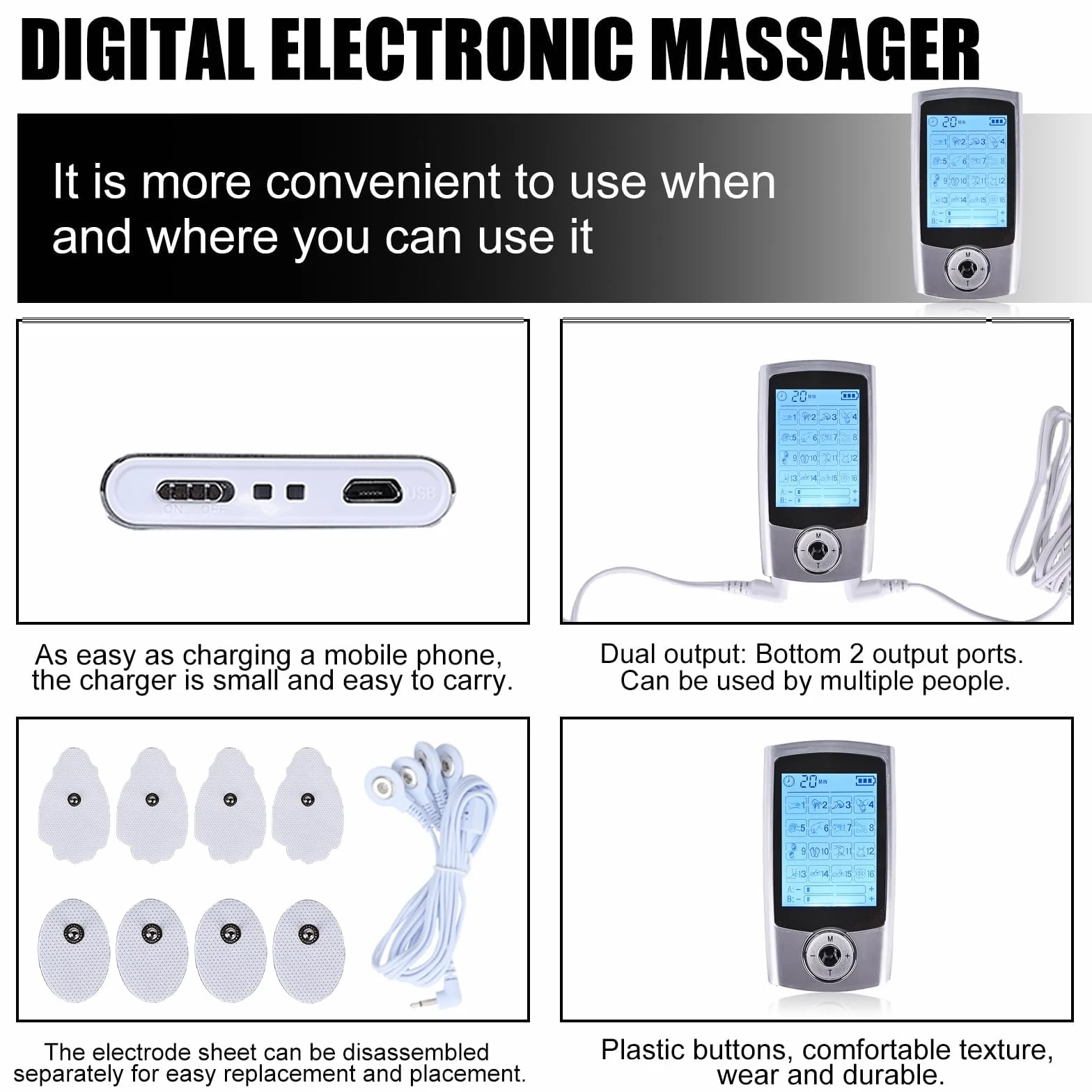 Appareil TENS - 16 modes - Électrodes de stimulation rechargeables contre la douleur - 16 programmes d'entraînement - 20 niveaux d'intensité - 2 canaux - Électrodes de qualité supérieure - Appareil
