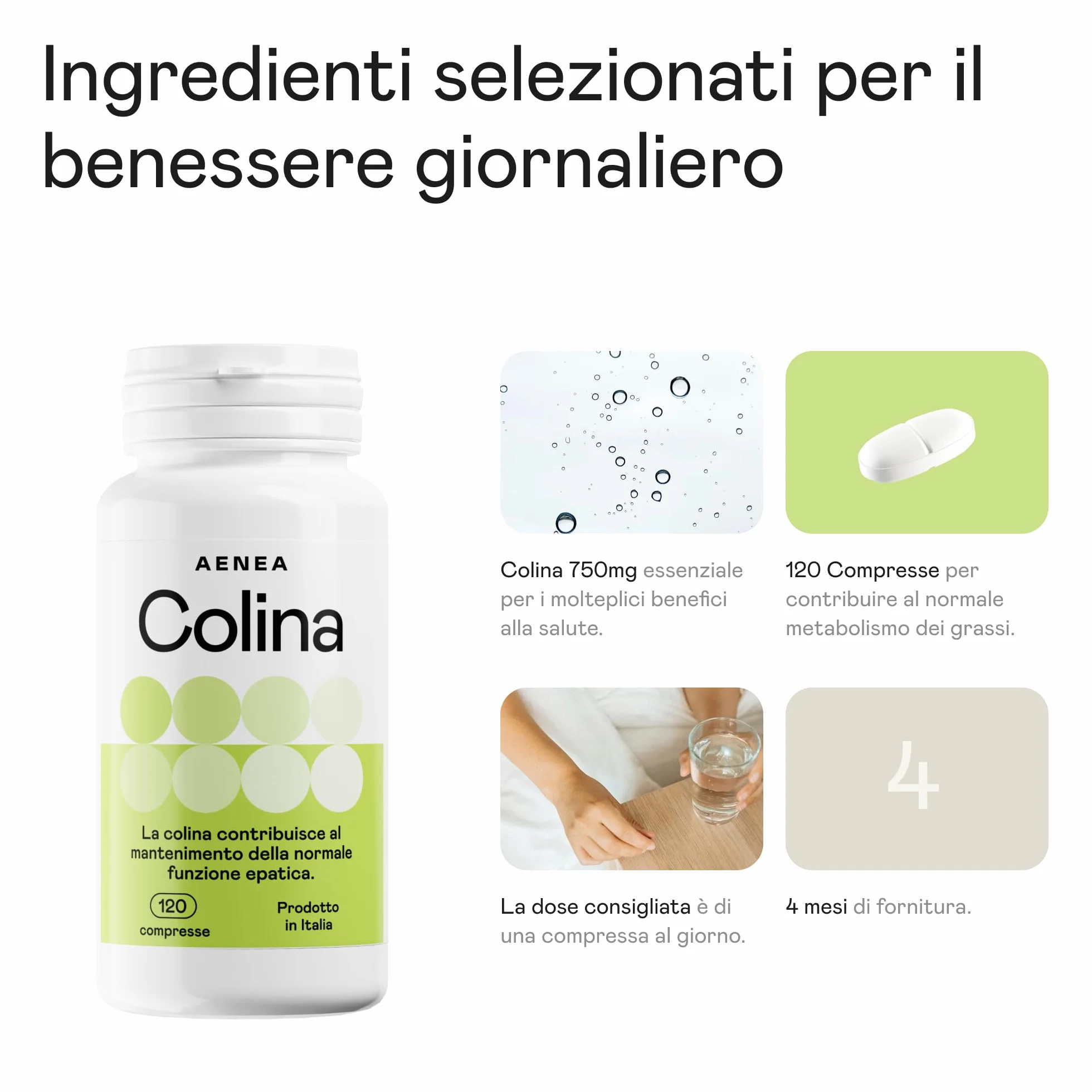 Choline Complément 120 cps Haute Dosage - 1200 mg Choline Bitartrate purifie le foie pour fonction hépatique et métabolisme des graisses, action purifiante, désintoxication, fourniture 4 mois Made in