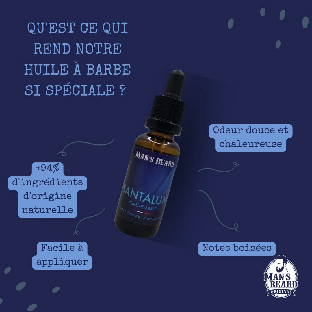 Man's Beard - Huile à barbe parfumée Santalum 30ml – Parfum bois de Santal - Soin et entretien hydratant naturel pour la barbe - Ingrédients d'origine naturelle -100% Fabrication Française