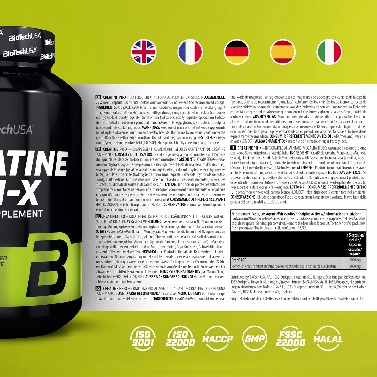 BioTechUSA Creatine Ph-X capsules | Créatine tamponnée | 3g CreaBASE par portion, 210 gélules
