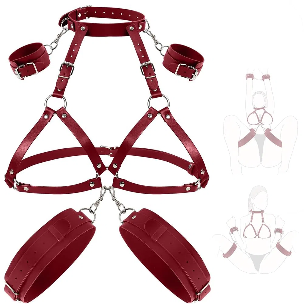 Écharpe de bondage de poitrine de yoga, harnais de cuisse en cuir du cou à la cuisse, menottes de poignet et de cuisse, jeu de couple pour femmes et jouets de couple (rouge)