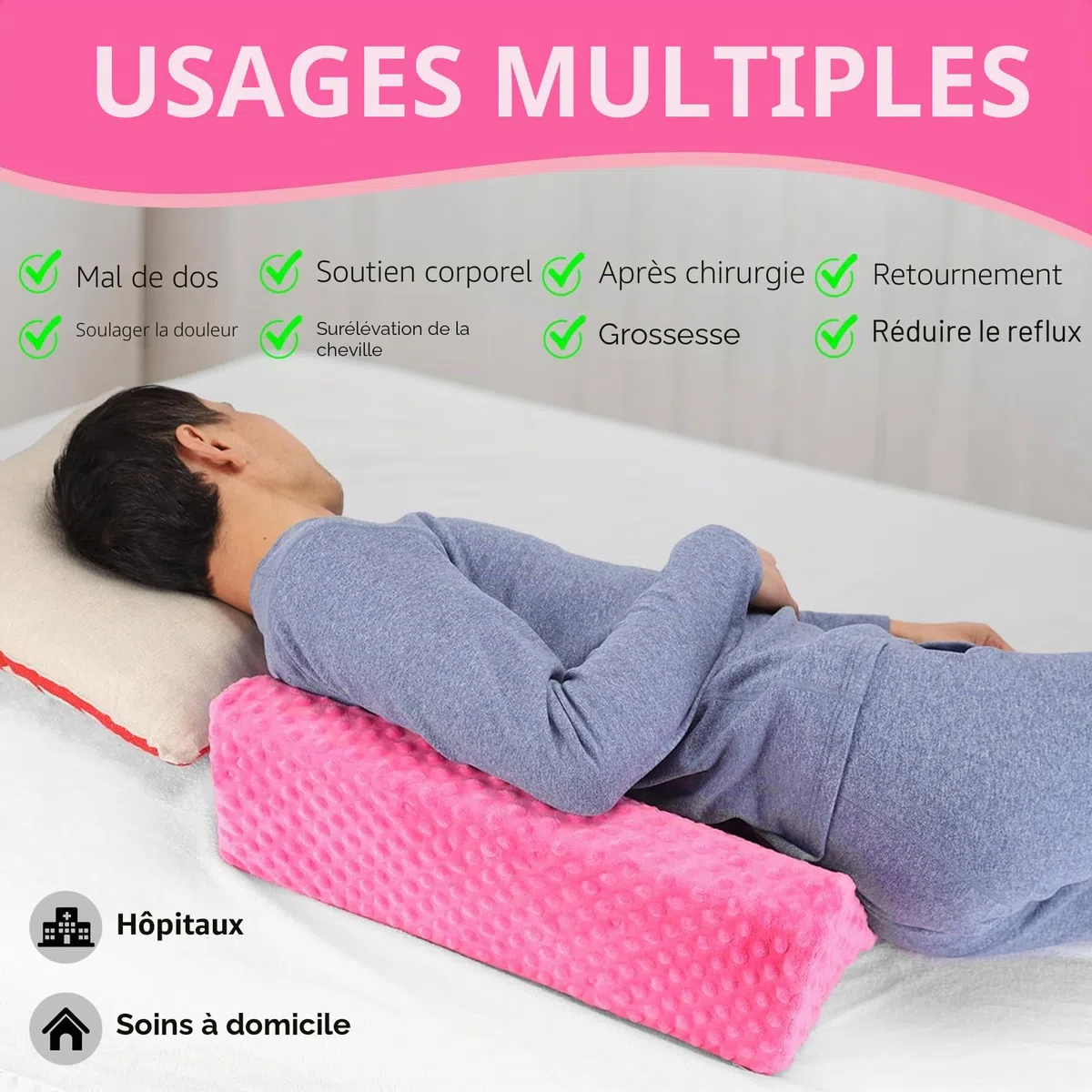 Oreiller cale pour dormir sur le côté, oreiller cale en mousse pour positionnement du corps | Coussin latéral pour dormir - Antidérapant - Positionnement du dos - Pour soulager les douleurs au lit (rose)