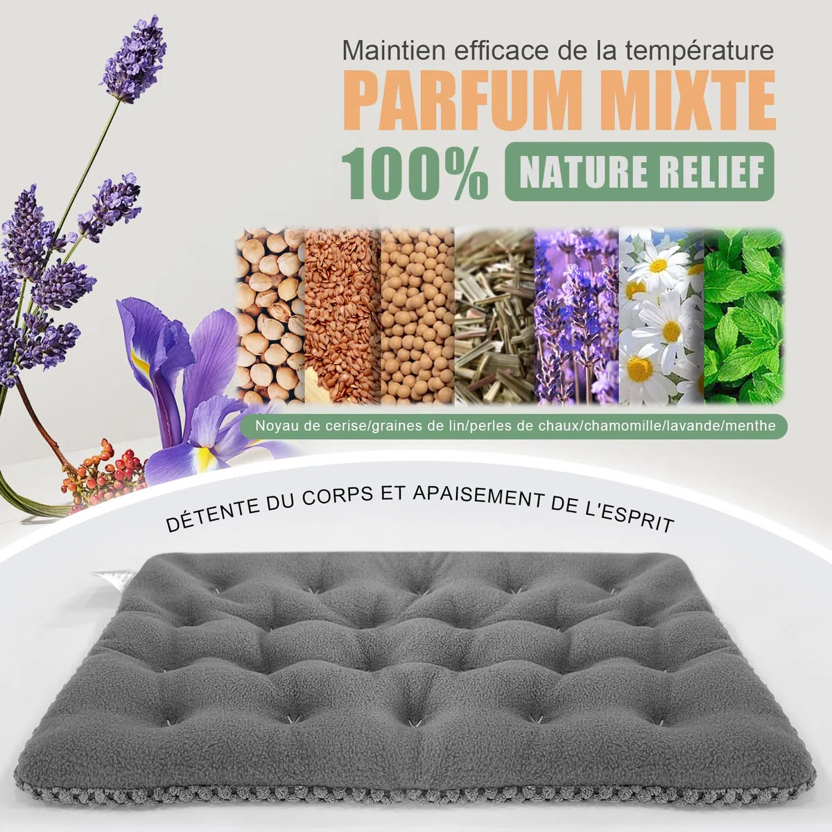 uncn Coussin Chauffant Micro Onde, Bouillotte Micro-onde, Graine de Lin,Noyaux Cerises,Grande Poche Chauffante Nuque Epaule et Dos,Cervicales,Ventre Lavande,Chaleur Humide pour Compresse 38*23cm 970g
