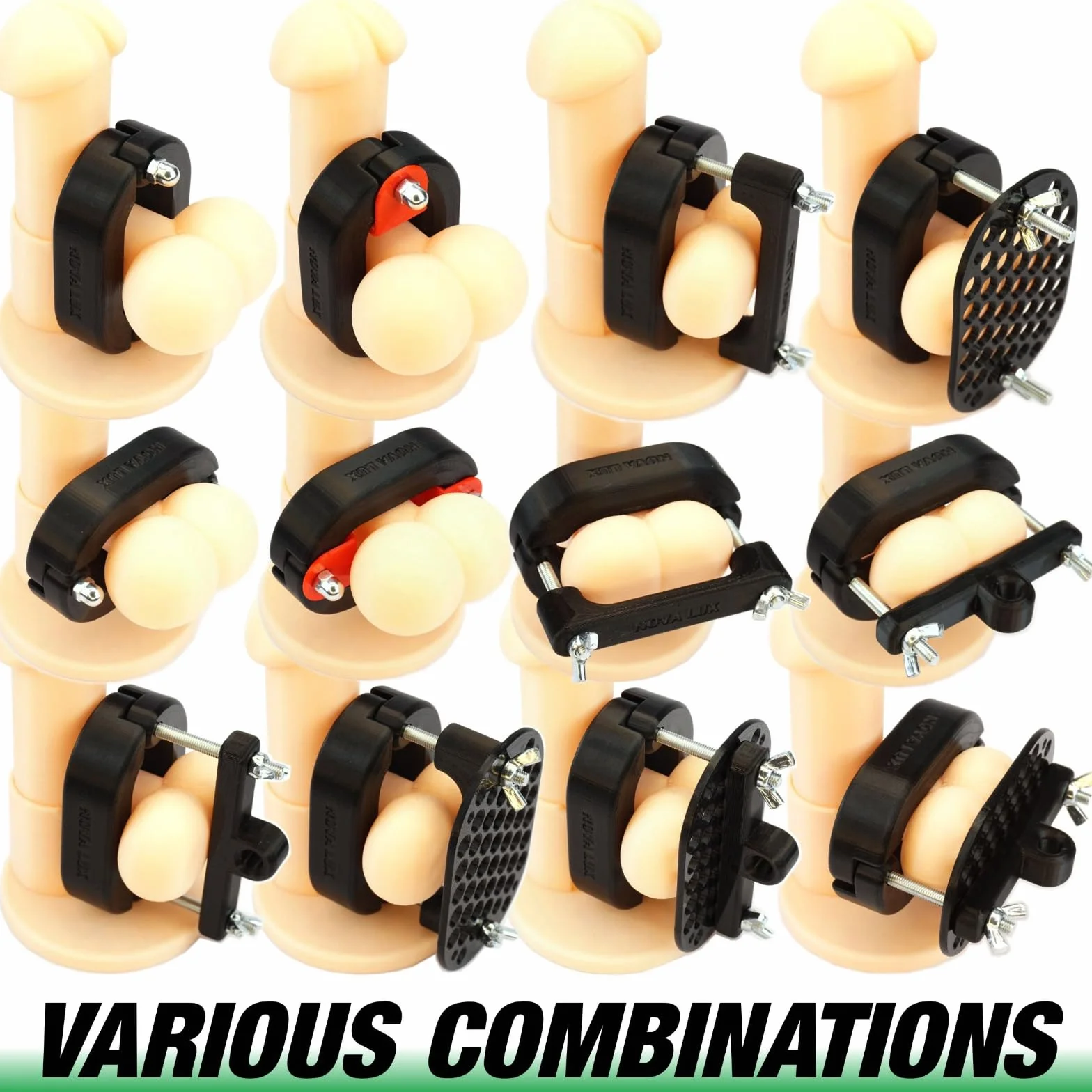 GRIP-MAX-RANGER, pince pour scrotum, set avec anneau de serrage Crusher, harnais, cage d'érection pour testicules et scrotum de Nova Lux, CBT