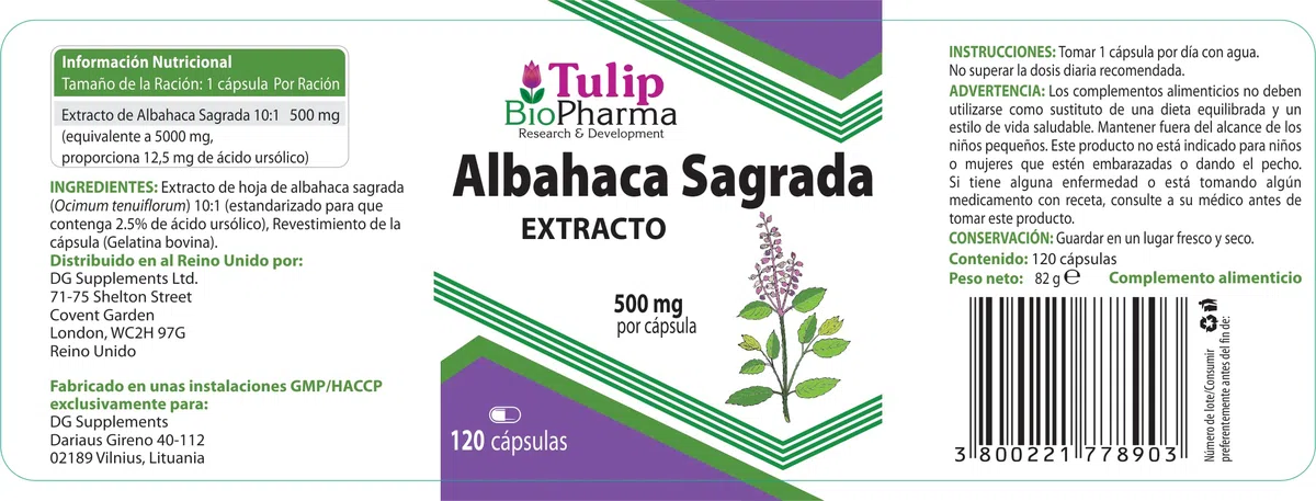 Basilic Tulsi sacré 5000mg Equivalent (500mg d'extrait 10:1) 120 Capsules, très fort, sans gluten, sans OGM, sans agent de remplissage