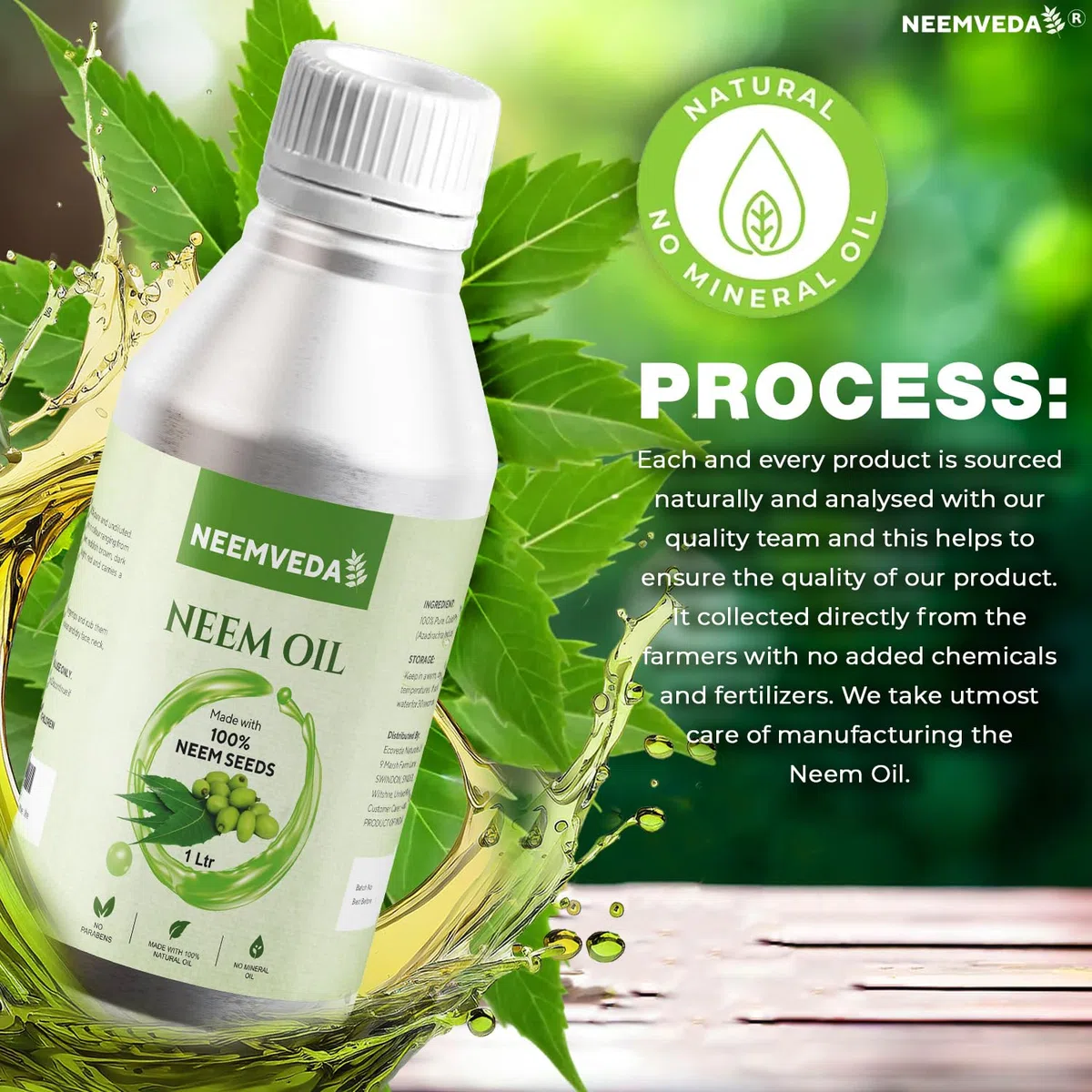 Huile vierge de neem 1 litre (1000 ml) pressée à froid, pure, naturelle, non raffinée, végétalienne, pour cheveux, peau, ongles, cuir chevelu, corps, huile multi-usage pour jardin, plantes
