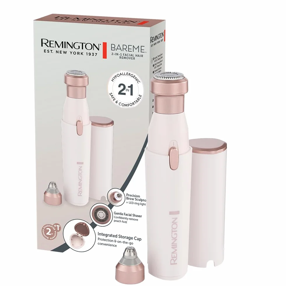 Remington Epilateur pour visage femme 2en1:rasoir électrique et tondeuse à sourcils BareMe épilation lèvre supérieure, menton, joues, étanche, lumière LED, USB-C, brosse, capuchon protecteur WFS200