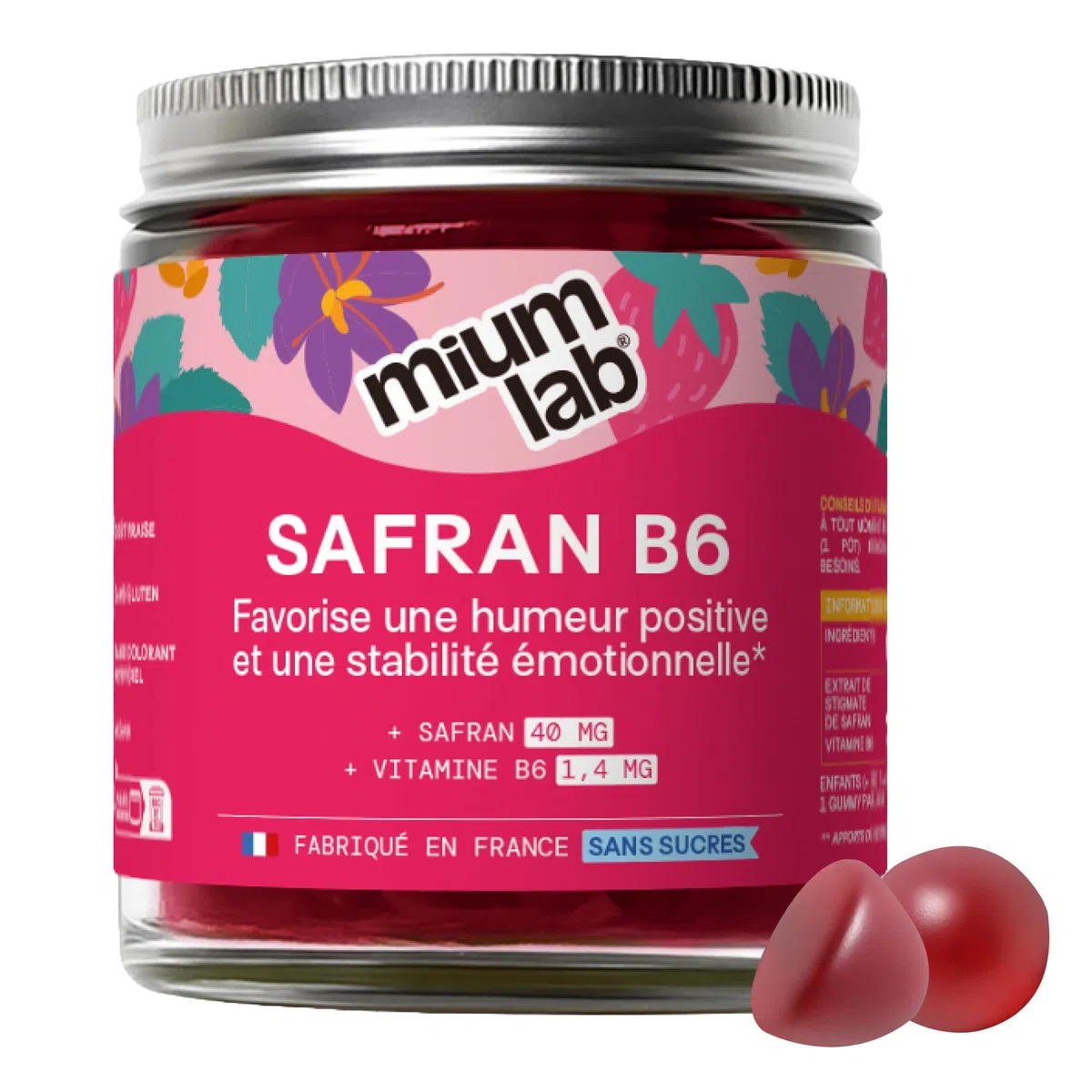 Mium Lab - Gummies Safran Hautement dosé (40mg) et Vit B6 sans sucres - Enfants et Adultes - Formule exclusive - Programme 3 à 6 semaines - Saveur Fraise - Fabriqué en France
