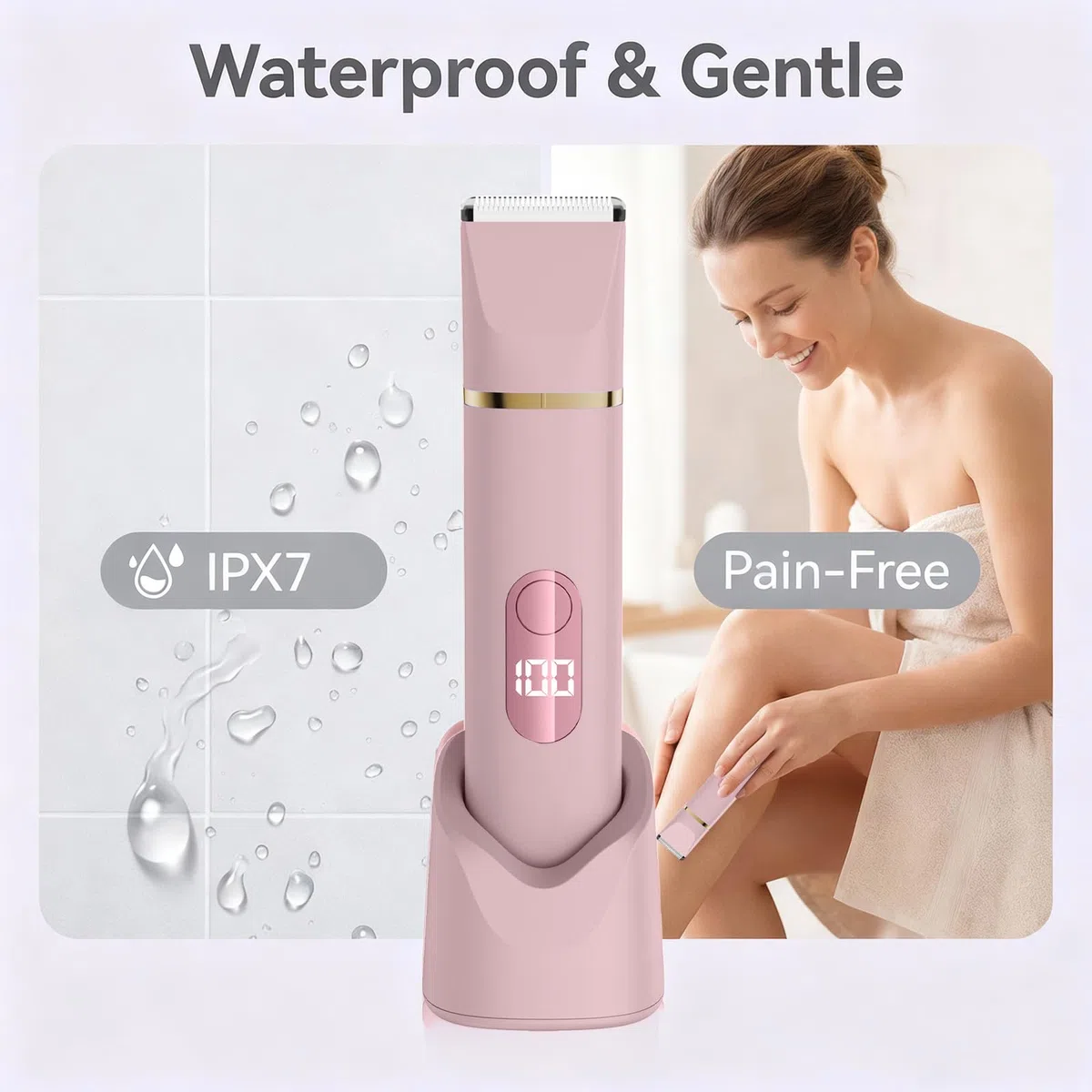 Épilateur Bikini 5-en-1 pour Femmes, Rasoir Électrique Corporel sans Fil Étanche IPX7, 5 Têtes Interchangeables pour Épilation Visage, Jambes et Zone Intime, Lame Céramique, Recharge USB (Rosa)