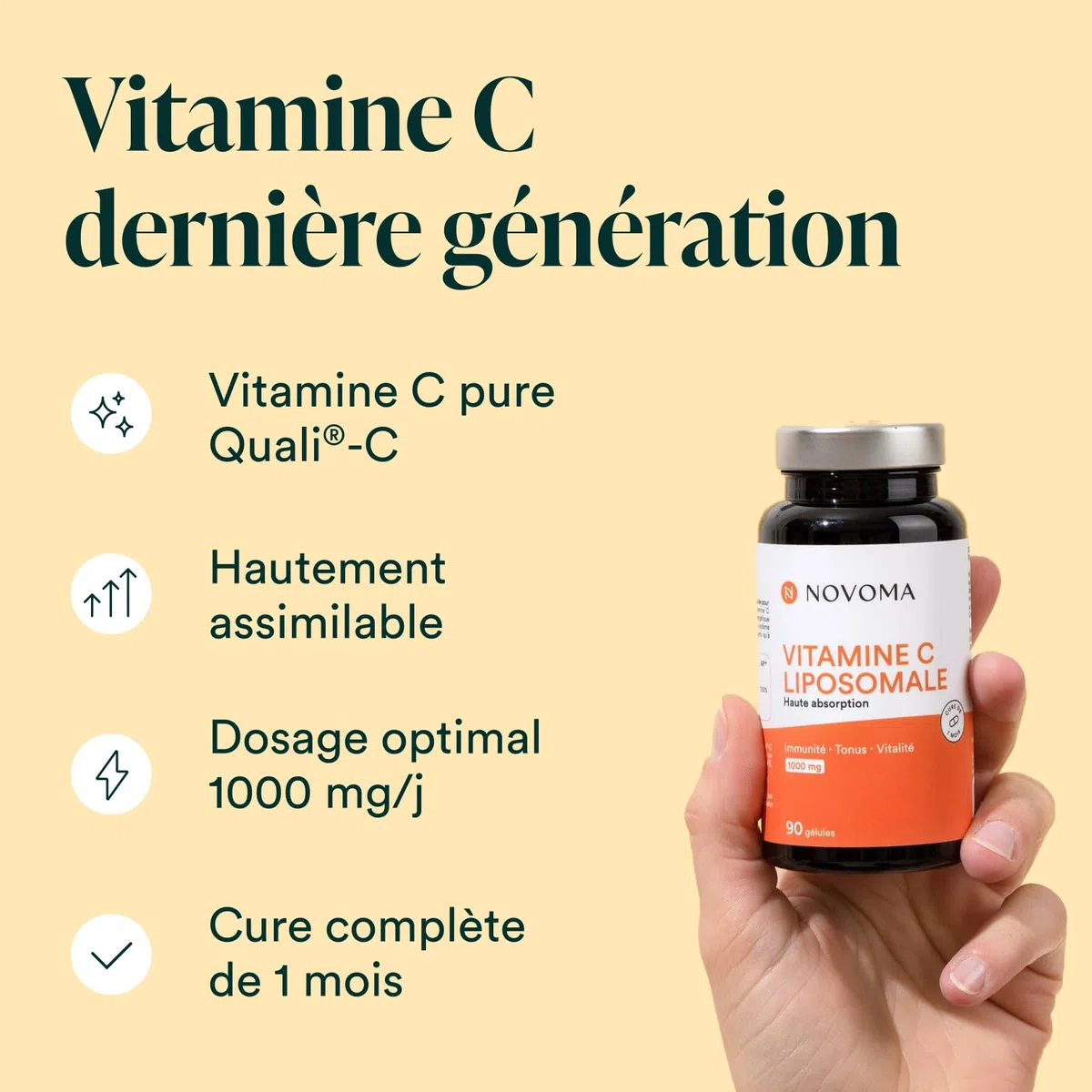 NOVOMA Vitamine C liposomale 1000mg, Assimilation Maximale, 90 gélules végétales, 100% Vitamin Quali®-C, Système Immunitaire & Énergie Naturelle, Cure de 1 mois, Fabriqué en France