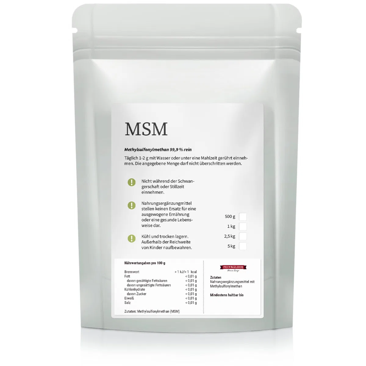 Feinwälder® MSM Poudre 1000g - 99,9% Pureté Premium Soufre Organique Methylsulfonylméthane sans additifs