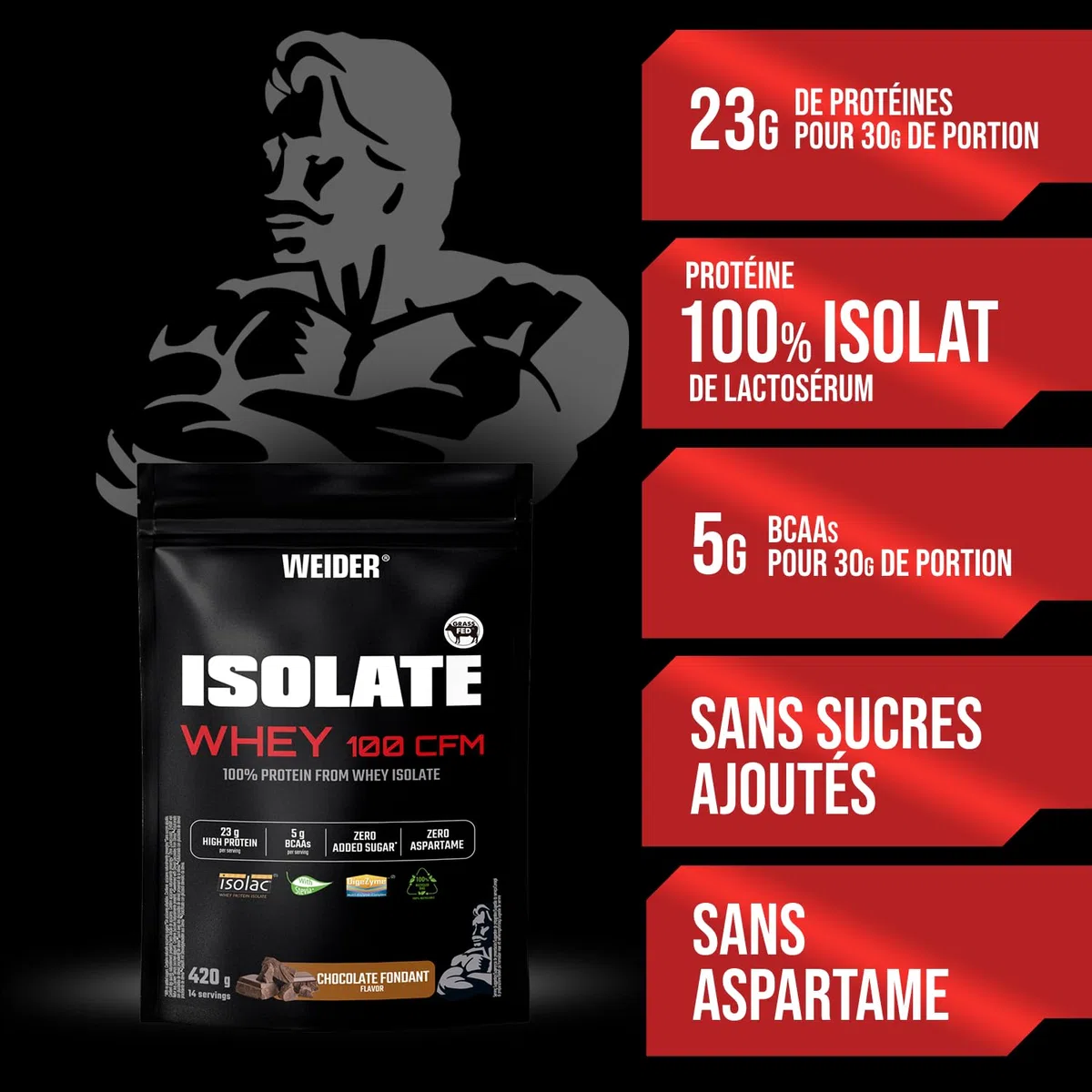 Weider Isolate Whey 100CFM (420g) Goût Chocolat, 100% Isolat de Protéines de Lactosérum 23g /Portion, Avec Enzymes Digestives, Sans Sucres Ajoutés, ni Aspartame, Faible teneur en Graisses, 14 portions