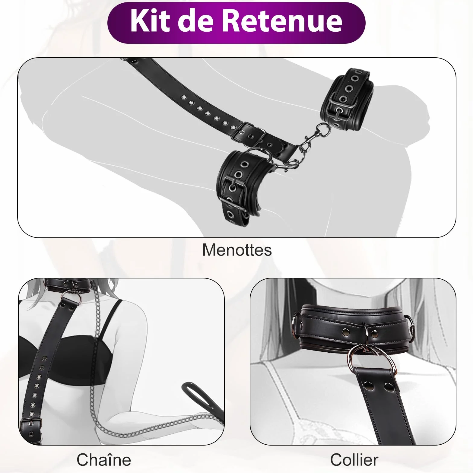 Sex Toýs Couple Femme BDSM Kits de Bondage Menottes Sex Lit,Retenue du Cou au Poignet avec Chaîne Traction, Réglables Menottes Sexy Érotique et Collier Sex Toys pour Adulte Couple Jeu de Rôle Play