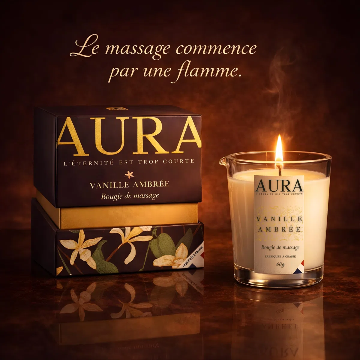 Bougie de Massage AURA Premium Vanille Ambrée | Fabriquée à Grasse | Cire d’Abeille & Soja, Huile de Coco | Se Transforme en Huile de Massage Nourrissante, Soin Corps Relaxant | Idée Cadeau