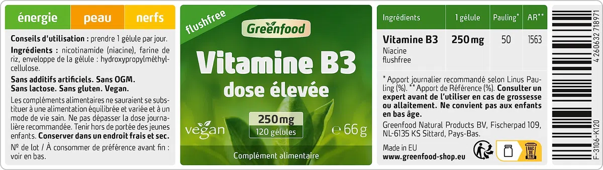 Greenfood La Vitamine B3, Sans chasse d'eau, 250 mg, dose élevée, 120 gélules - à réduire la fatigue. Sans additifs artificiels. Sans génie génétique. Vegan.