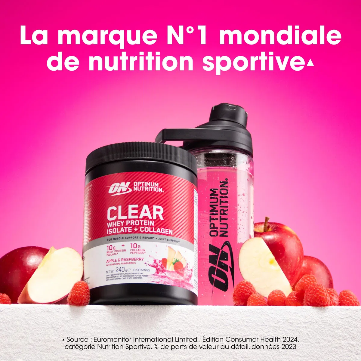 Optimum Nutrition Clear Whey + Collagène, Pomme & Framboise, 10 g Whey Isolate et 10 g Peptides de Collagène par Portion, Boisson Protéinée Claire pour les Articulations, 240 g, 10 Portions*