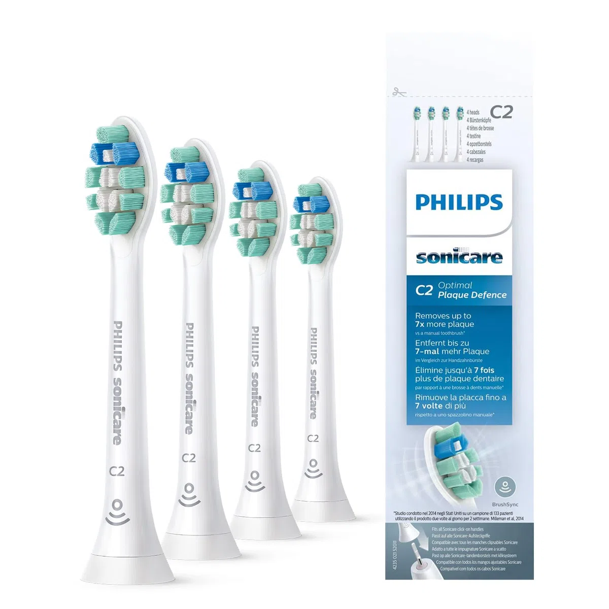 Philips Sonicare Lot de 4 têtes de brosses à dents électriques soniques C2 Optimal Plaque Defence, anciennement ProResults Plaque Control, Blanc (modèle HX9024/10)